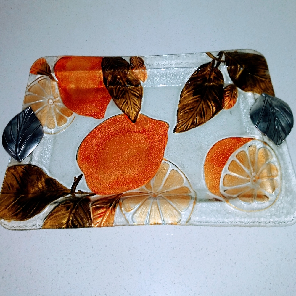 Art glass tray Infused and tempered fruit Riveted metal handles 10x15x1.5" $0$33